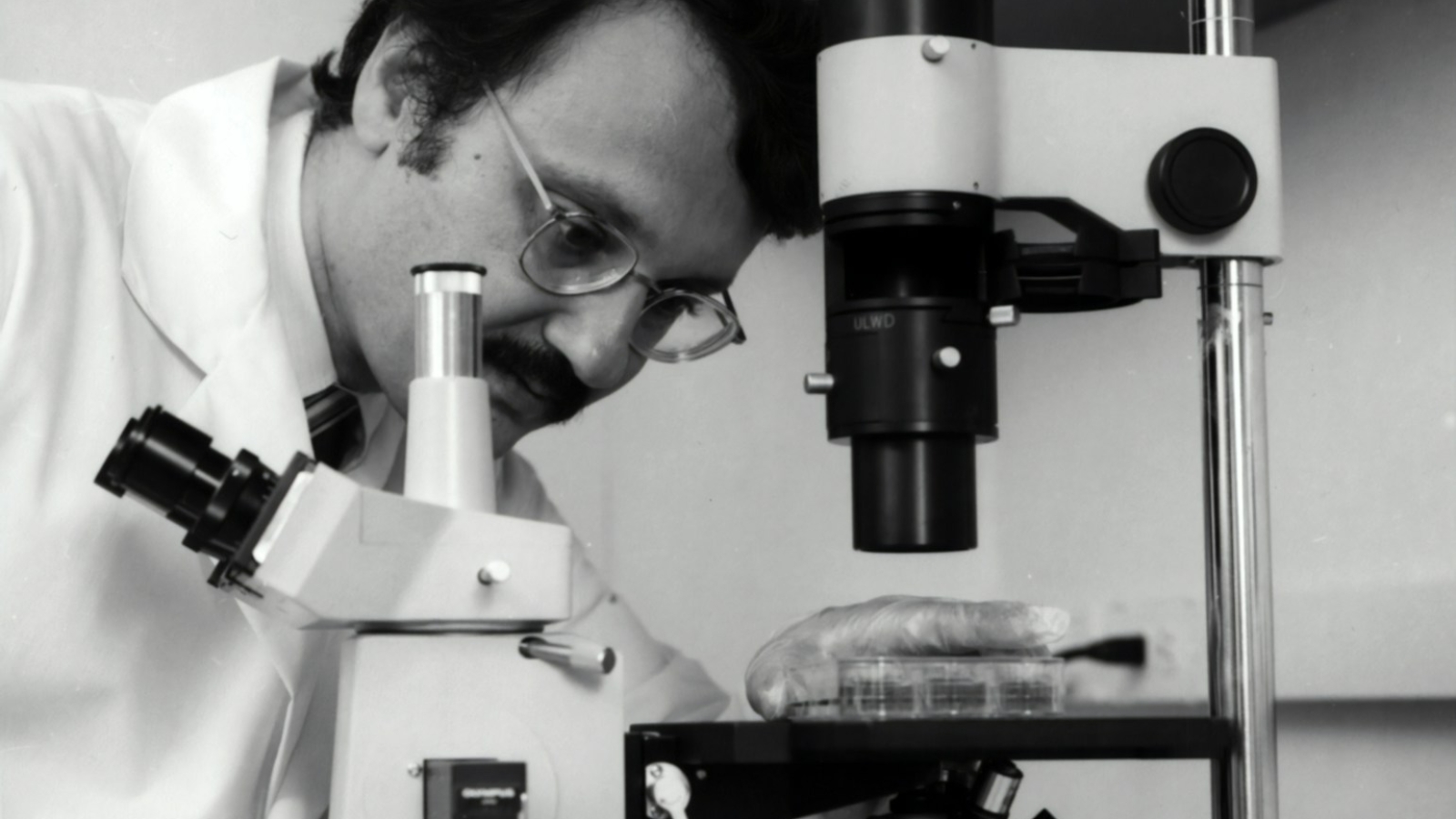 grayscale photography of doctor using microscope