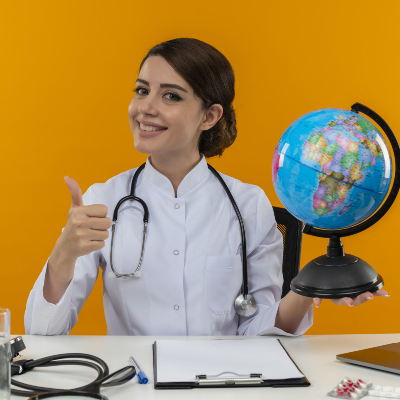 smiling young female doctor wearing medical robe and stethoscope sitting at desk with medical tools and laptop holding globe showing thumb up isolated on yellow background